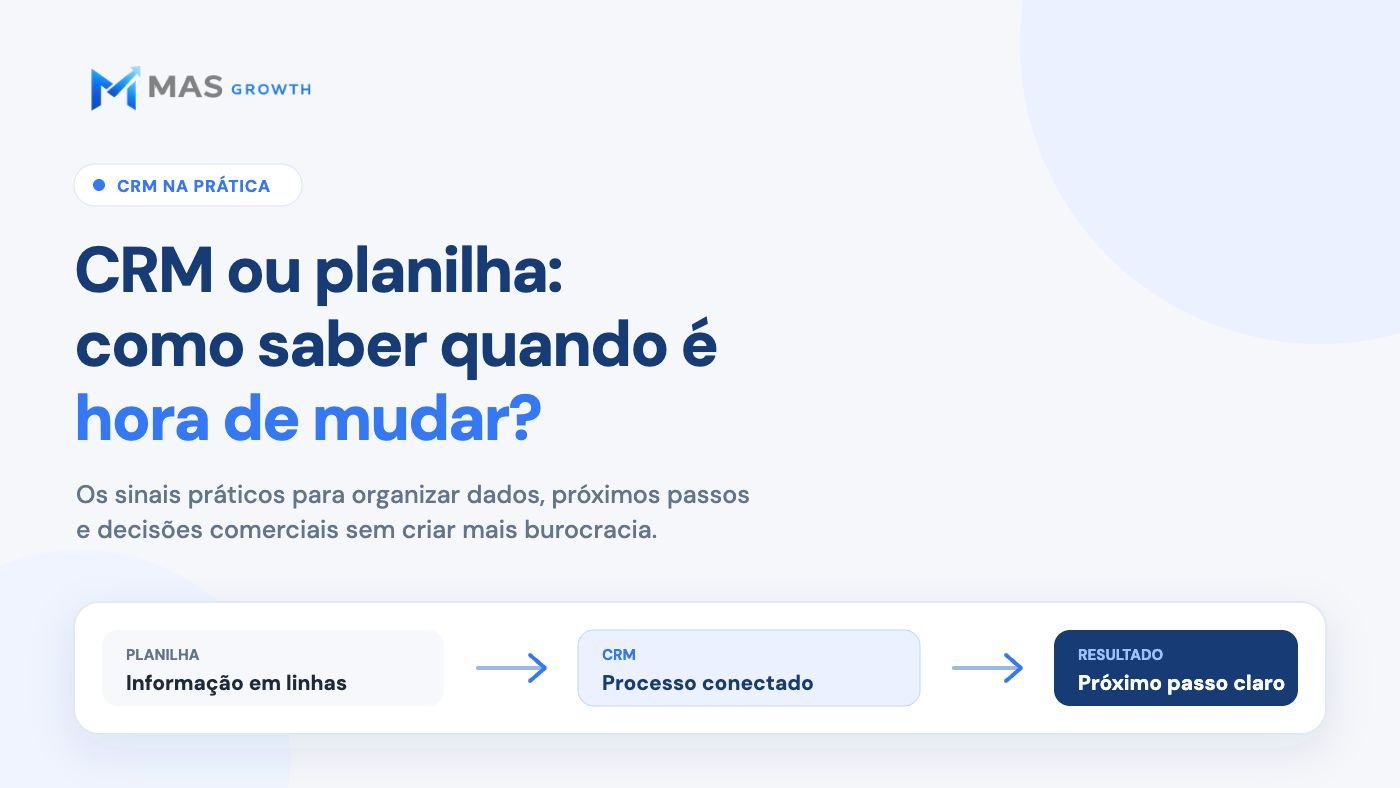 Comparação visual entre planilha, CRM e organização do próximo passo comercial