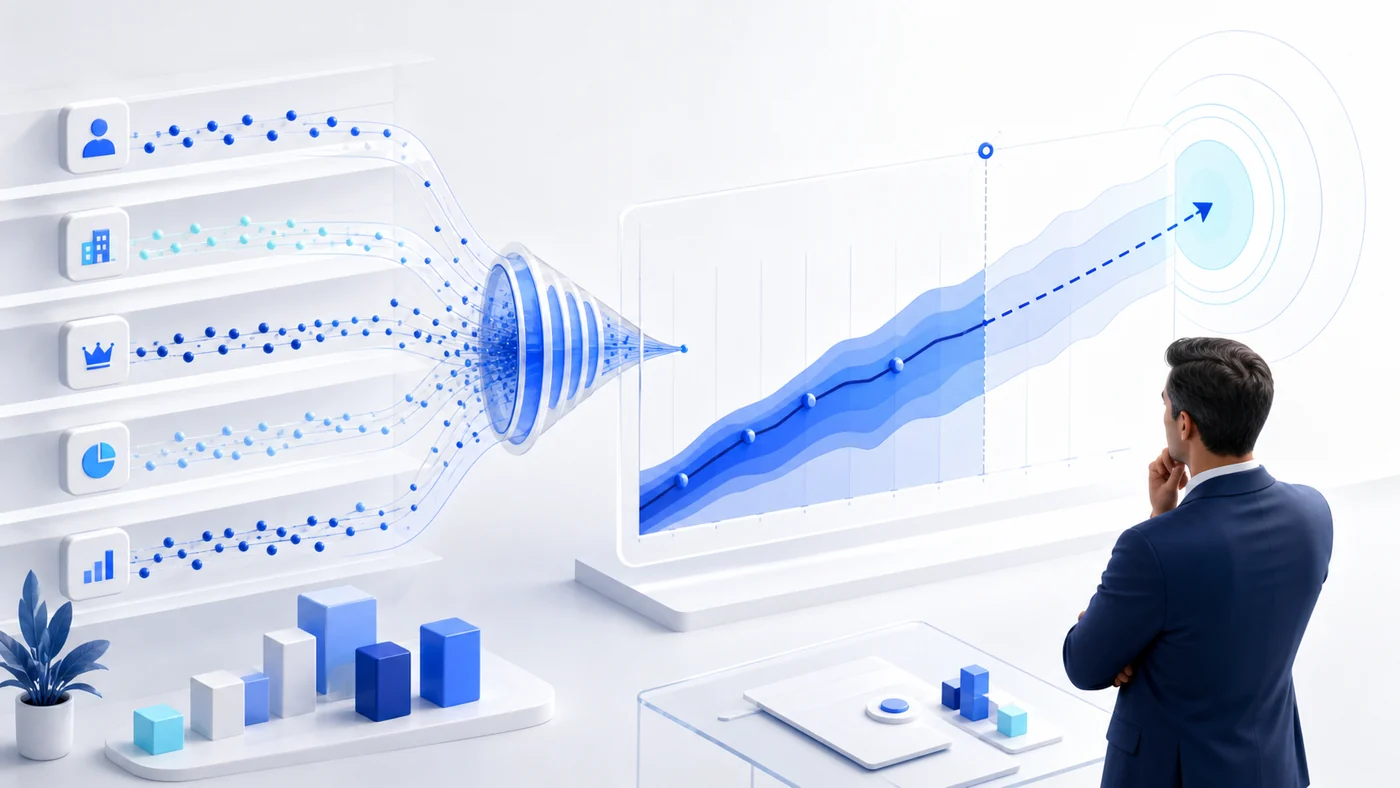 Dados comerciais convergindo em uma projeção de receita futura