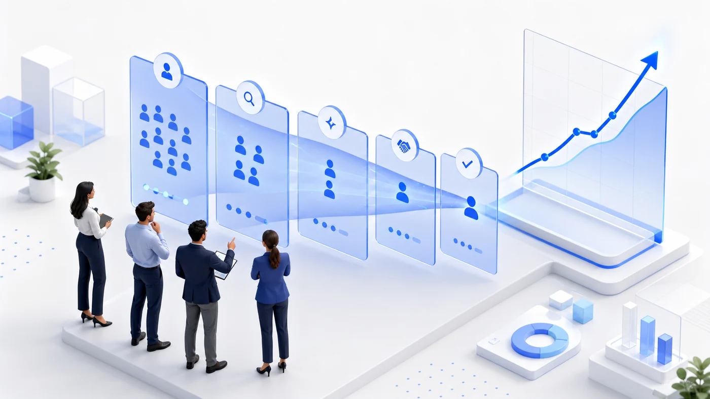 Equipe comercial analisando cinco etapas de um funil de vendas e uma projeção de receita