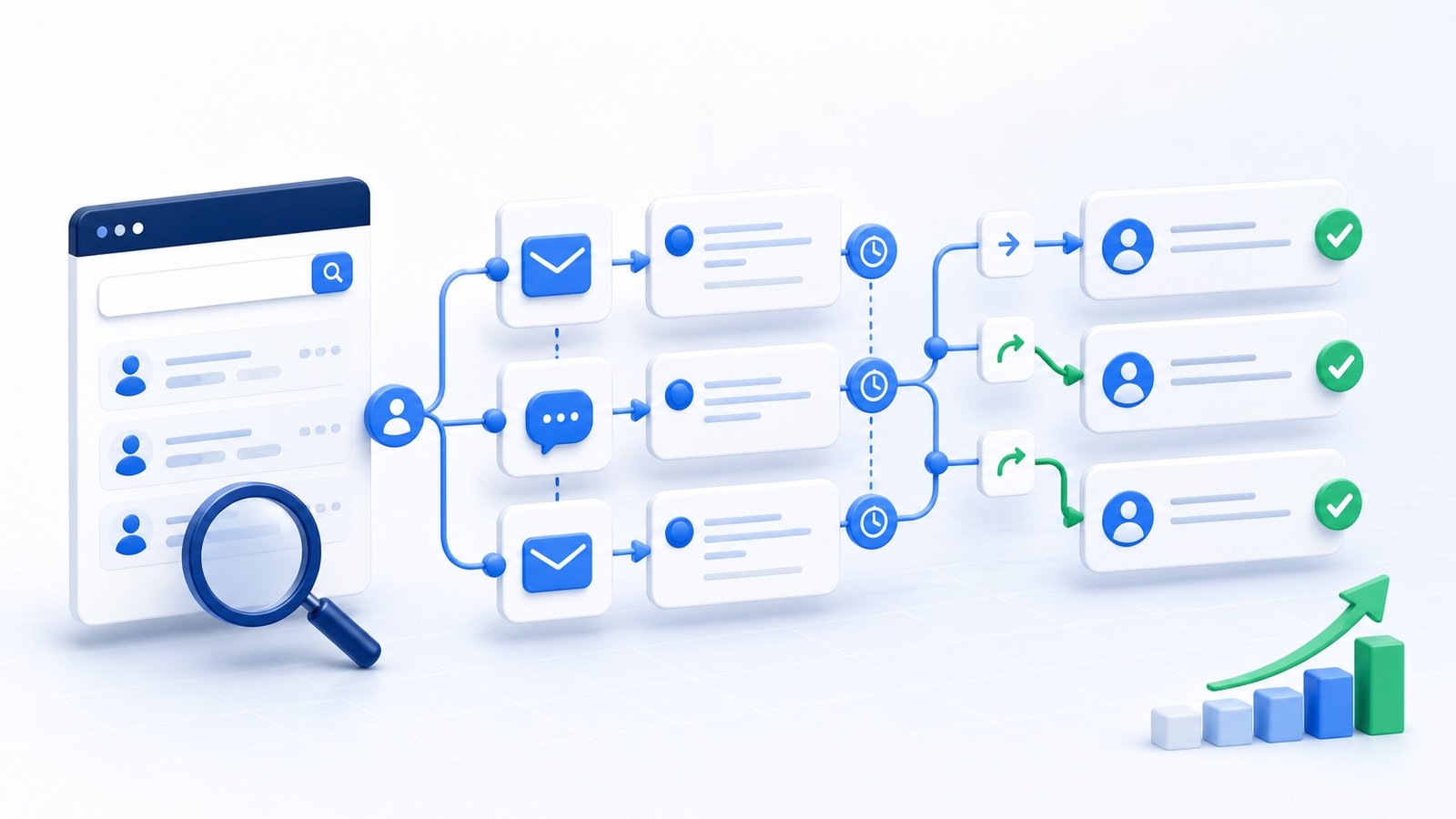 Fluxo visual de prospecção com busca de empresas e resultados qualificados