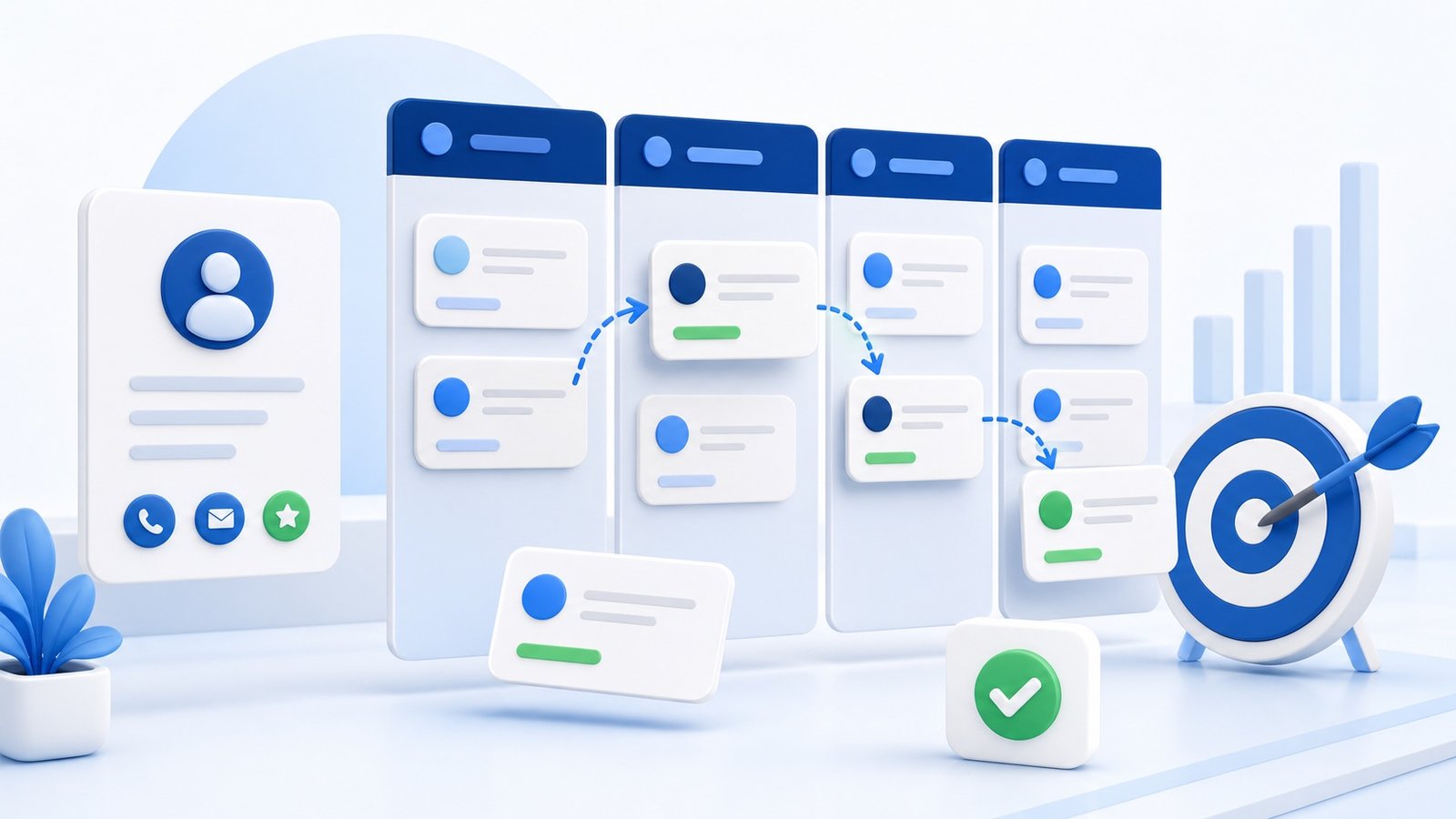 Cartão de lead conectado a etapas de um pipeline comercial visual